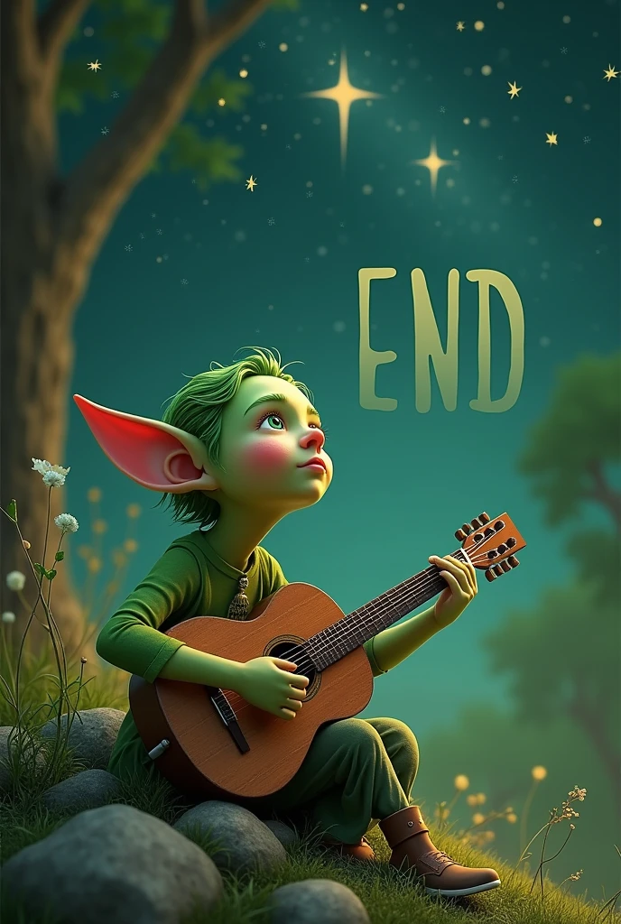 Create an image that contains a small green male elf with a guitar, looking at the stars, and as a foreground the word (END)