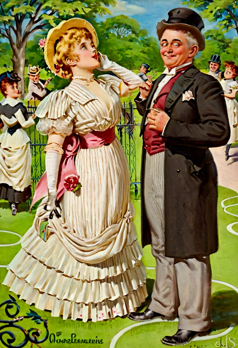 A gorgeous yo blonde Gibson Girl seducing a horny 69yo gentleman in a park. Year 1902. 1900_dr3ss