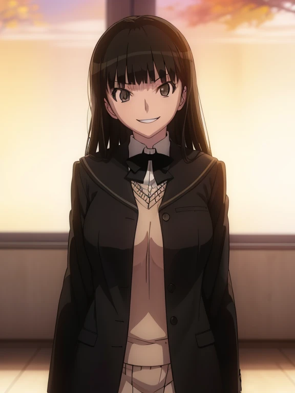 (masutepiece, Best Quality, hight resolution, nffsw, Perfect Pixel, depth of fields, 4K), 
1girl in,  , Beautiful anime girl, 
Perfect body, , (smirk:1.2)

tsukasa ayatsuji, large boob,, kibito high school uniform, black bow, black jacket, looking at viewer, smile