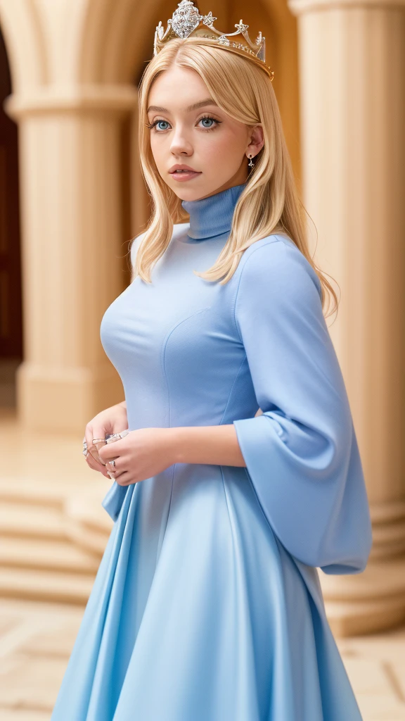 sydswe2024, 1girl, blonde hair, photorealistic, best quality, masterpiece, raw image, depth of field, wearing beautiful blue dress, crown, princess, castle, magical, turtleneck,