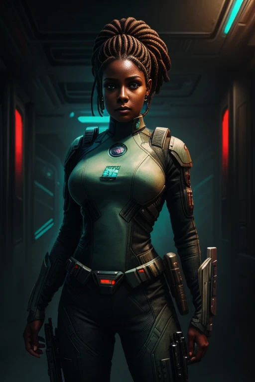 there is a woman holding a gun in a sci - fi style scene, scifi woman, epic sci - fi character art, epic sci-fi character art, epic scifi character art, sci-fi female, portrait of a sci - fi woman, sci fi female character, sci-fi fantasy art, scifi illustration, award winning scifi art, cyberpunk medusa