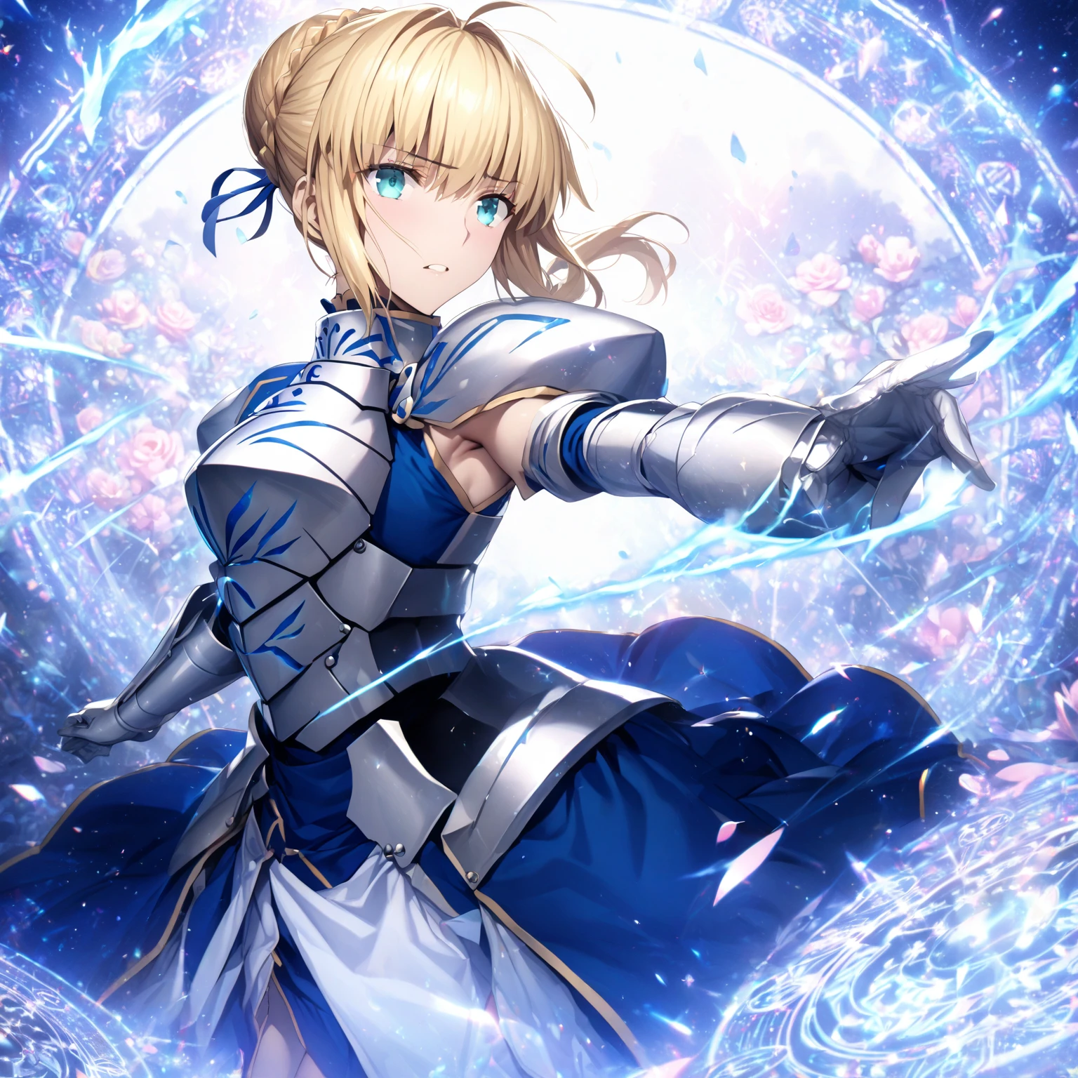 absurdres, highres, ultra detailed, HDR, master piece, Artoria Pendragon, blonde hair tied in a bun, expressive turquoise eyes, Saber, blue dress, extremely beautiful, sexy woman, best quality, Fate Grand Order, magical circle, fantasy, magical, sensual, blue starry sky, glittering, accessories, silver armor, blue ribbon, blue magic, blue flames, pink flowers, silver gloves