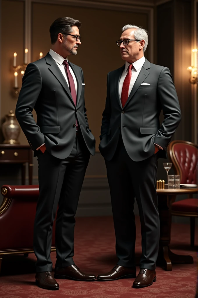 Two politicians wearing suits and ties with a disturbing smile viewed from the front in a room with luxurious items in the background, in a hyper-realistic art style inspired by Chuck Close, with meticulous attention to the textures and details of their suits and the opulent setting, cool color temperature, unnervingly exaggerated grins on their faces, sharp and precise lighting, creating a stark and discomforting atmosphere.