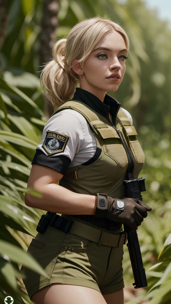 sydswe2024, 1girl, blonde hair, photorealistic, best quality, masterpiece, raw image, depth of field, wearing tactical suit, bulletproof vest, action shot, jungle, hair tied back,  gloves, mercenary,