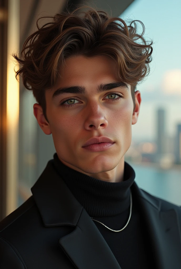generates image with a male teenager with wavy hair and a line on his eyebrow with brown eyes wearing a black sweater in a bright city
