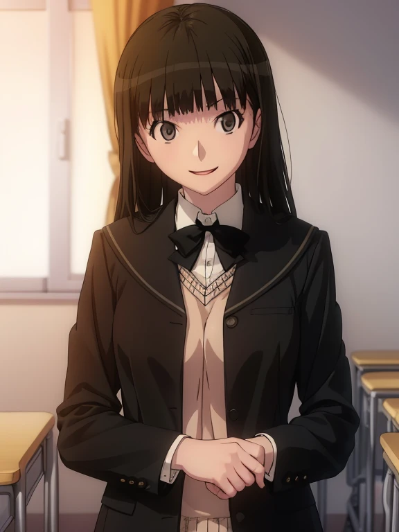 (masutepiece, Best Quality, hight resolution, nffsw, Perfect Pixel, depth of fields, 4K), 
1girl in,  , Beautiful anime girl, 
Perfect body,

tsukasa ayatsuji, kibito high school uniform, black bow, black jacket, looking at viewer, smile, school, class room, , ,