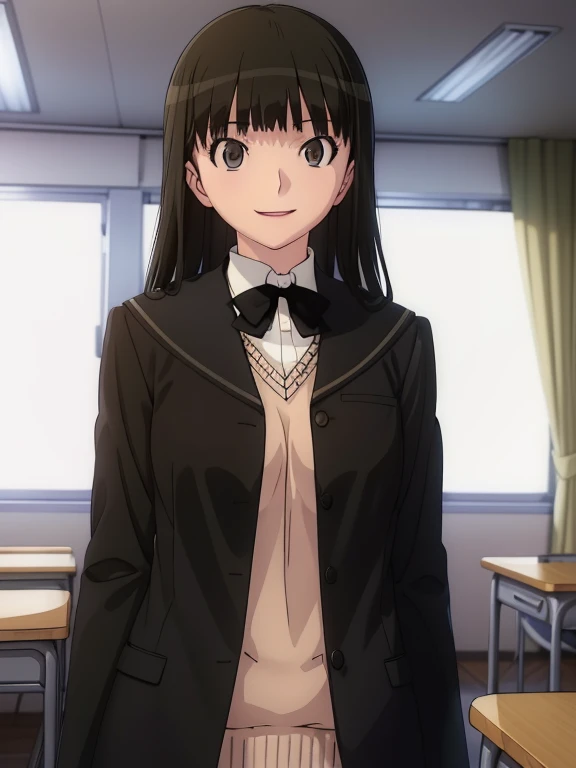 (masutepiece, Best Quality, hight resolution, nffsw, Perfect Pixel, depth of fields, 4K), 
1girl in,  , Beautiful anime girl, 
Perfect body,

tsukasa ayatsuji, kibito high school uniform, black bow, black jacket, looking at viewer, smile, school, class room, , ,