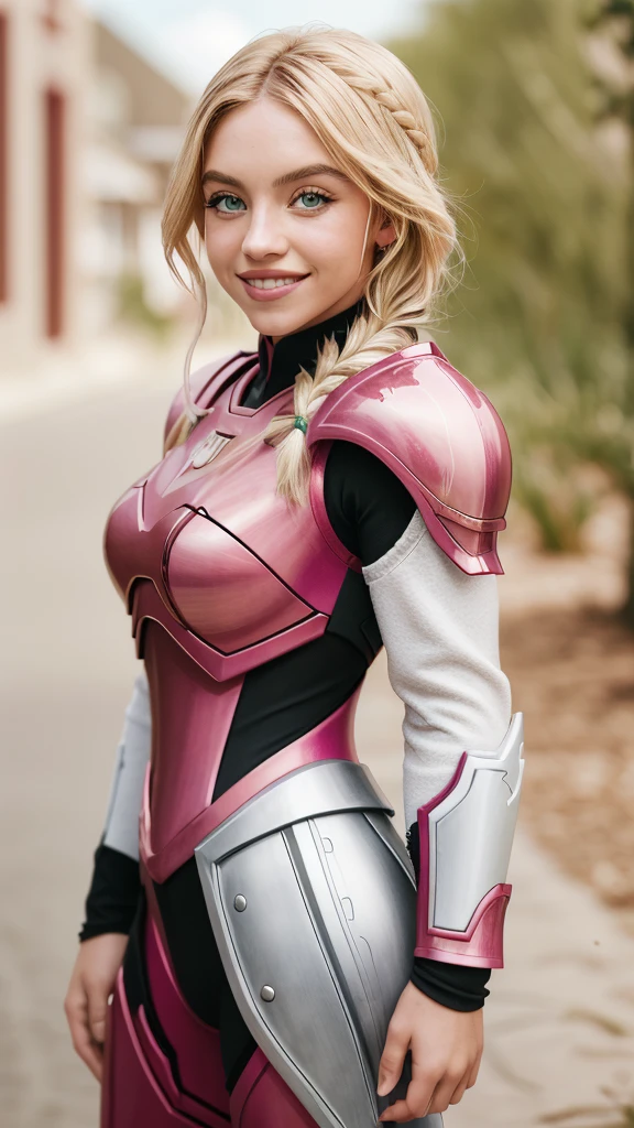 sydswe2024, 1girl, blonde hair, photorealistic, best quality, masterpiece, raw image, depth of field, pink armor, braid, master chief, spartan armor, smile,