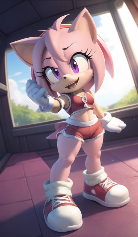 "(((masterpiece))),4k resolution,extremely delicate and beautiful,dynamic angle and pose,(1girl), animal nose,. Amy rose, sport bra, white panties, sfw, (( thin )), 12 years old girl, (( thin legs )), golden brasalet both arms, alone, looking at viewer, night, city background, on building roof, little breast