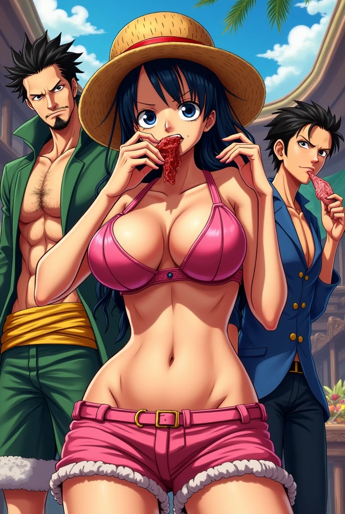 Female luffy, fantasy theme, beautiful, huge eyes, cute, skinny, small waist, big hip, gigantic sagging breasts:1.7, realistic breasts, pull open sagging breasts, huge areolaes, nipples slipped:1.7, red vest, sleeveless clothes, mini shorts, straw hat, pirate ship, sitting on ledge of boat, legs opened, soft lighting, ultra details, realistic skin, masterpiece, 4k