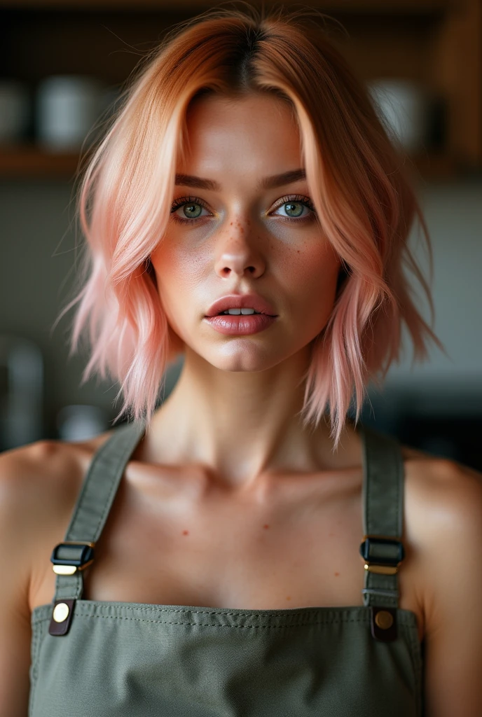 color photograph, close-up, ((a realistic photo of a beautiful short pink hair girl)), (milalc), light, ((glowy skin)), looking_at_viewer, (fit body:1.0), ((medium breasts)), high ponytail, detailed illustration, masterpiece, high quality, realistic, very detailed face,