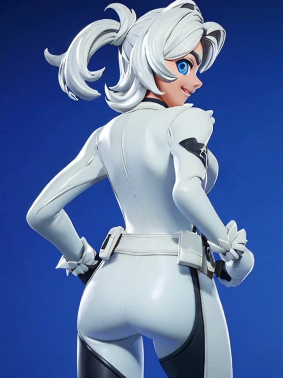 (masterpiece, best quality:1.2), 1girl, solo, Black_Cat_(Fortnite), blackcat, Black Cat, Fortnite, female BREAK long white hair, white hair, blue irises, blue eyes, domino mask, bodysuit, black bodysuit, gloves, choker, white gloves, collar, fur trim, skin tight, zipper, utility belt, cleavage superhero, hourglass figure, medium breasts, nice ass BREAK Shot taken from behind, looking at viewer, looking from behind, ass view BREAK Arrogant smile, smirking, hands on hips BREAK 3d rending work ,3DMM style, close-up, portrait, 3D,
