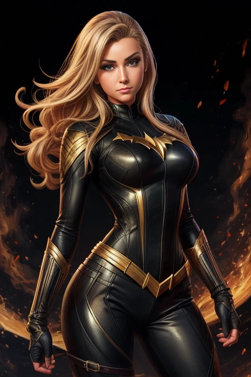 a close up of a cartoon of a woman in a black and gold outfit, black canary, in the style artgerm, extremely detailed artgerm, maika monroe batgirl, chris moore. artgerm, style artgerm, drawn in the style of artgerm, artgerm style, by Eddie Mendoza, comic digital art, commission for high res