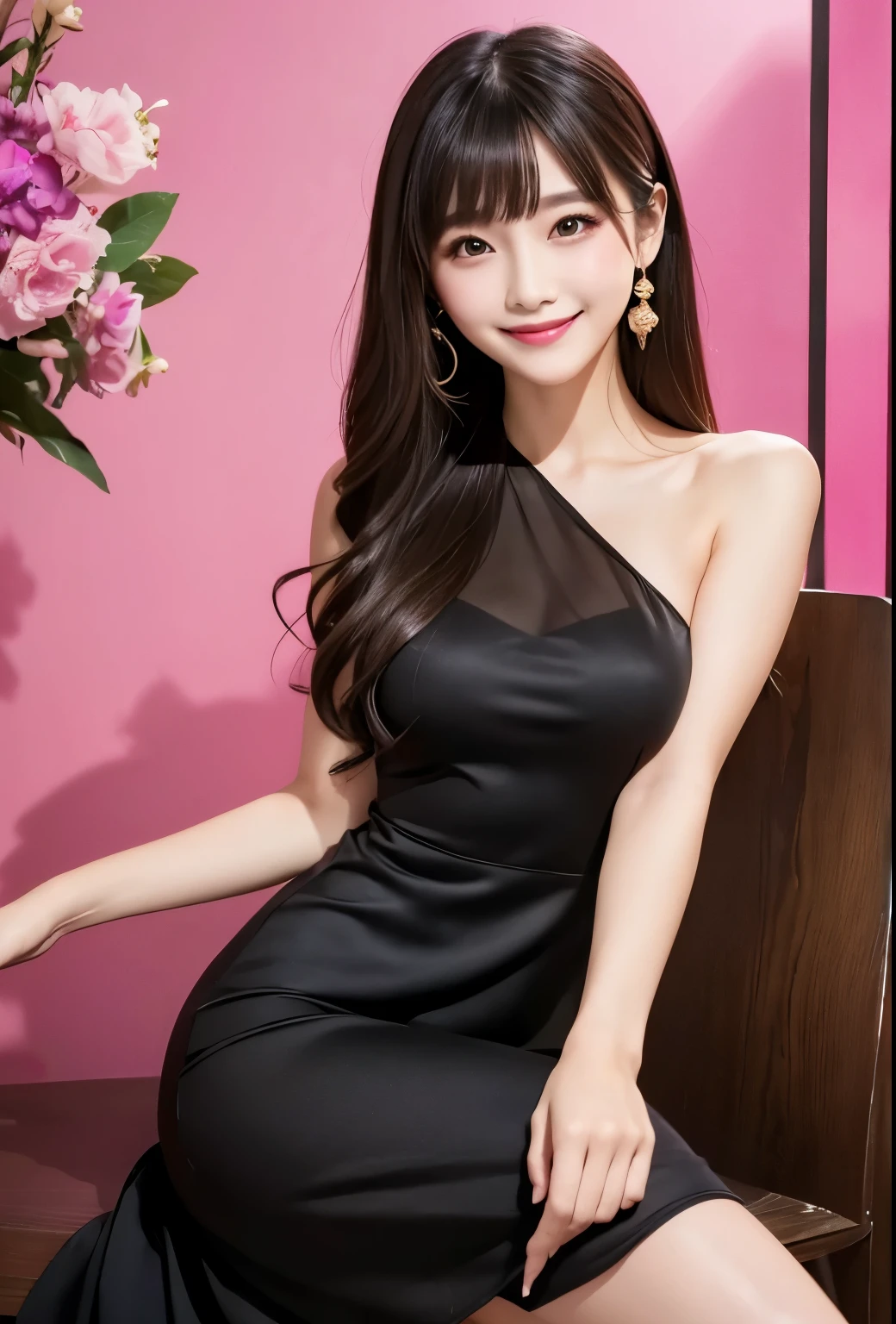 masterpiece、Highest quality、whole body、One Girl、bangs、Japanese、Black Long Hair、Chignon、smile、alone、dress、Stylish woman、vivid colored outfits、front、Luxury background elements、Confident expression、Modern and trendy、Fashion focus