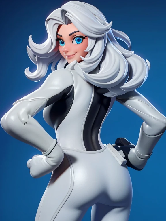 (masterpiece, best quality:1.2), 1girl, solo, Black_Cat_(Fortnite), blackcat, Black Cat, Fortnite, female BREAK long white hair, white hair, blue irises, blue eyes, domino mask, bodysuit, black bodysuit, gloves, choker, white gloves, collar, fur trim, skin tight, zipper, utility belt, cleavage superhero, hourglass figure, medium breasts, nice ass BREAK Shot taken from behind, looking at viewer, looking from behind, ass view BREAK Arrogant smile, smirking, hands on hips BREAK 3d rending work ,3DMM style, close-up, portrait, 3D,
