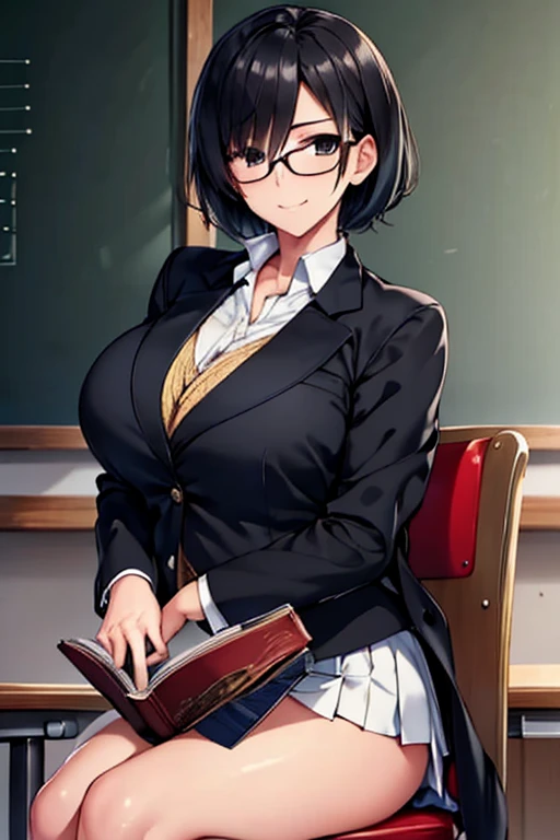 masterpiece,Best Quality,Super high-definition description,Full HD,16k,Super Resolution,Accurate human anatomy,Correct human anatomy,fun,smile,((Daytime,classroom,blackboard,machine,chair)),Sitting:1.7,Reading a book:2.0,One Woman,Staring at a book_Black cover book:1.8,((Black Hair, Short Hair,Cover one eye,Black Eyes,Black glasses)),Open your eyes,expensive,Muscular,(((Abnormally large breasts_Large sagging breasts,Long legs))),(((Japanese Uniform_blazer,紺色のblazer_Coat of arms on chest,Pleated skirt_short_Check pattern,White panties))),Age 30,Japanese,Colours of the 90s,Dynamic Angle,funシーン.