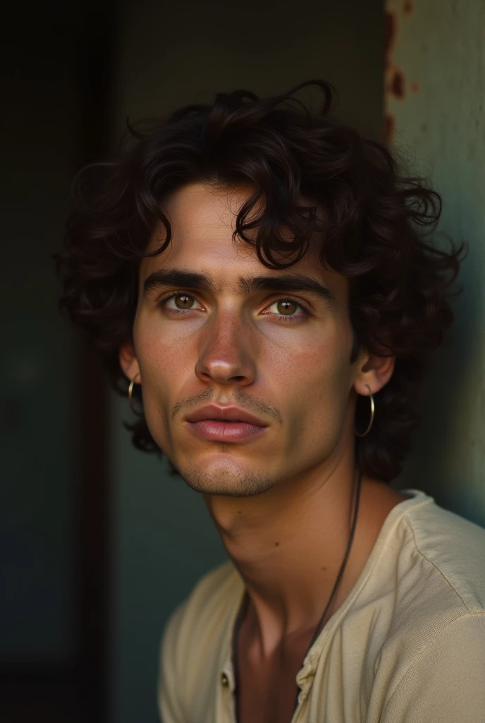 Sensual photo of a skinny boy with a mustache and light brown curly hair, He is in a backyard in the favela , he is naked, He is looking sensually at the camera, homem gay sensual 