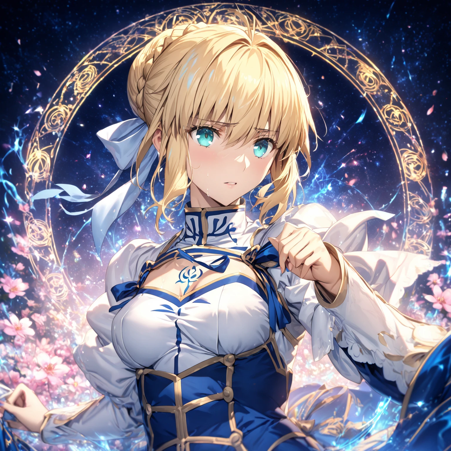 absurdres, highres, ultra detailed, HDR, master piece, Artoria Pendragon, blonde hair tied in a bun, expressive turquoise eyes, Saber, blue dress, extremely beautiful, sexy woman, best quality, Fate Grand Order, magical circle, fantasy, magical, sensual, blue starry sky, glittering, accessories, blue ribbon, blue magic, blue flames, pink flowers