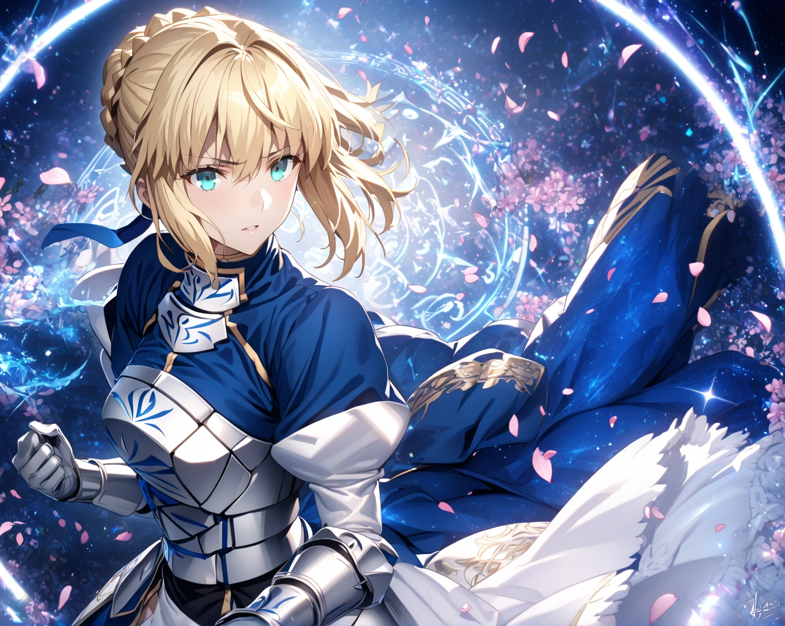 absurdres, highres, ultra detailed, HDR, master piece, Artoria Pendragon, blonde hair tied in a bun, expressive turquoise eyes, Saber, blue dress, extremely beautiful, sexy woman, best quality, Fate Grand Order, magical circle, fantasy, magical, sensual, blue starry sky, glittering, accessories, silver armor, blue ribbon, blue magic, blue flames, pink flowers, silver gloves, pink petals