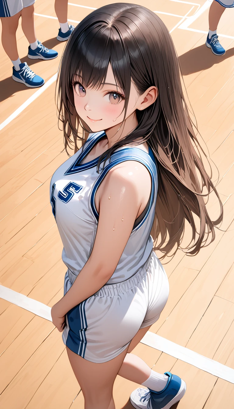 (masterpiece, 4K resolution, Super realistic, very detailed), 1girl,14years old,,child, dark hair,long hair,standing,medium breasts, white basketball uniform,white shorts,smile,gymnasium,basketball court,from behind,my moon beam,pantylines,sweat skin,