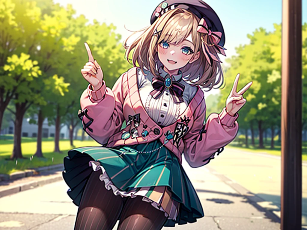 (1girl:2.0),(hmsl1, beret, x hair ornament, medium hair, pink bow, large breasts, jewelry, pink cardigan, brooch, white shirt, vertical-striped skirt, striped pantyhose),Big Breasts,Plump thighs,smile,Captivating look,Low angle,smile,Photographed from the front,spoken heart,(cum on pantyhose:1.5),cum on skirt,Shooting in the city, fingering, schlick, masturbation