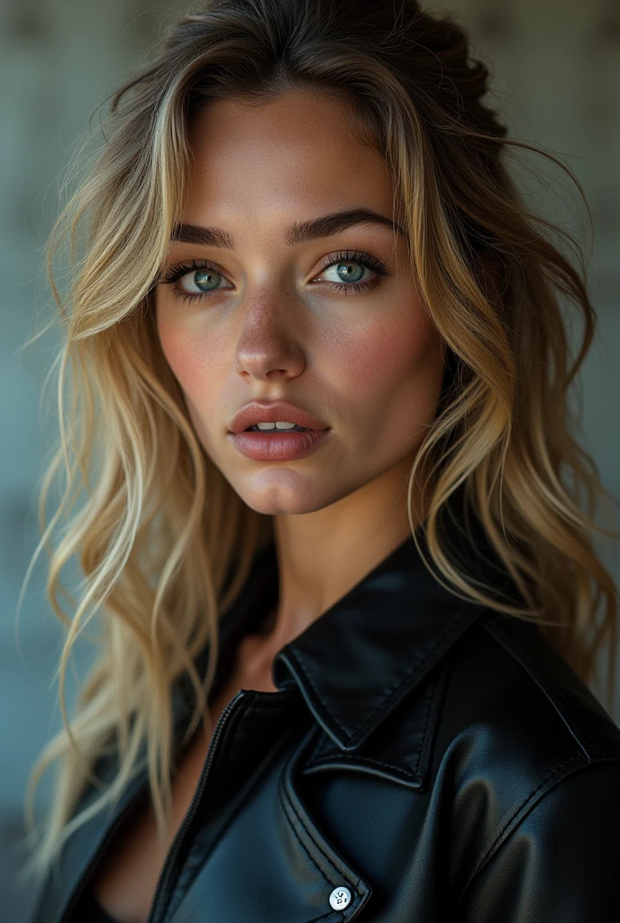 Cute Caucasian girl wearing a black leather jacket half naked 