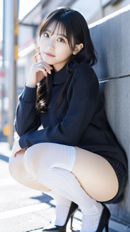 Photos taken by a professional photographer，Close-up of a woman squatting on the sidewalk with her legs crossed, Kiko Mizuhara, Wear a sweater, Brown hair cut, Wear a sweater, Young and pretty girl, Japanese Model, 白いWear a sweater, Chiho, ランダムカラーのカジュアルなWear a sweater,Cute eyed waves for short hair, a Cute young woman, Cute young woman, Black Pantyhose，Black tights，Black high heels，I can see a little bit of my butt、The edges of her lace panties are showing