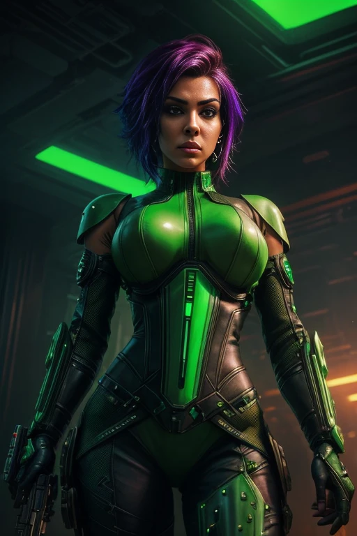 a close up of a woman in a green costume holding a gun, dominatrix assassin robot, cyberpunk angry gorgeous goddess, cyberpunk women, green armor, cyberpunk assassin, cyberpunk judy alvarez, cyberpunk femme fatale, cyberpunk woman, female cyberpunk, biopunk armor, cyberpunk girl, cyberpunk robotic elvish queen, diesel punk female, dystopian bounty hunter, scifi woman