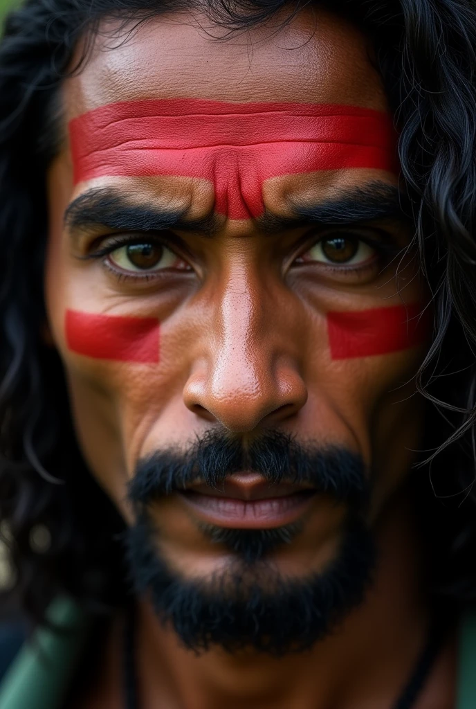Male Indian with aqua green and red face paint, long straight hair