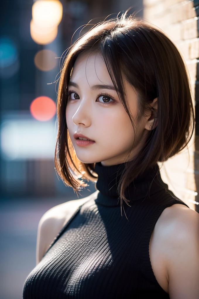 One Girl, ((Black oversized high neck cable knit,Black short knit dress,I can see your shoulders)), (Beautiful Japanese Idol Portrait Photos), (ニューヨークのdetailedで美しい高層ビルの夜景), (RAW Photos, Best Quality), (Realistic, photo-Realistic:1.4), masterpiece, 8K Portrait, Very delicate and beautiful, 非常にdetailed, 2k wallpaper, wonderful, detailed, 非常にdetailed CG unity 8k wallpaper, 非常にdetailed, High resolution, Soft Light, 美しいdetailedな***, 非常にdetailed eyes and face, Beautiful and sophisticated nose, Beautiful attention to detail, Cinema Lighting, Perfect Anatomy, Slender body, Small breasts, Medium Hair, Bokeh, Dynamic Angle, (Elegant and sophisticated atmosphere)