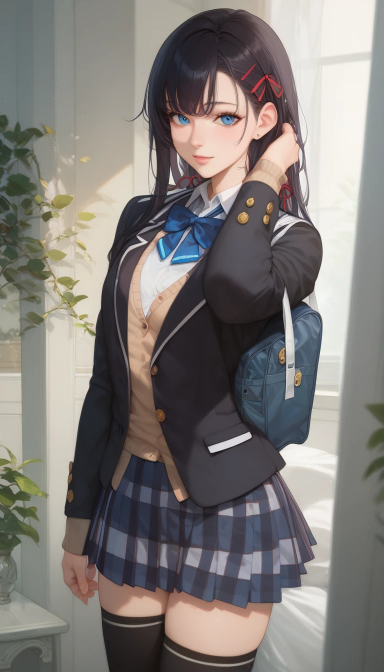 score_9, score_8_up, score_7_up, score_6_up, score_anime, masterpiece, best quality, ultra-detailed, highres, best anatomy, accurate anatomy, (small breasts), 1girl, solo female, mature women, lustful eyes, long hair, black hair, blue eyes, ribbon, school uniform, hair ribbon, black jacket, plaid skirt, blazer, sobu high school uniform, black thighhighs