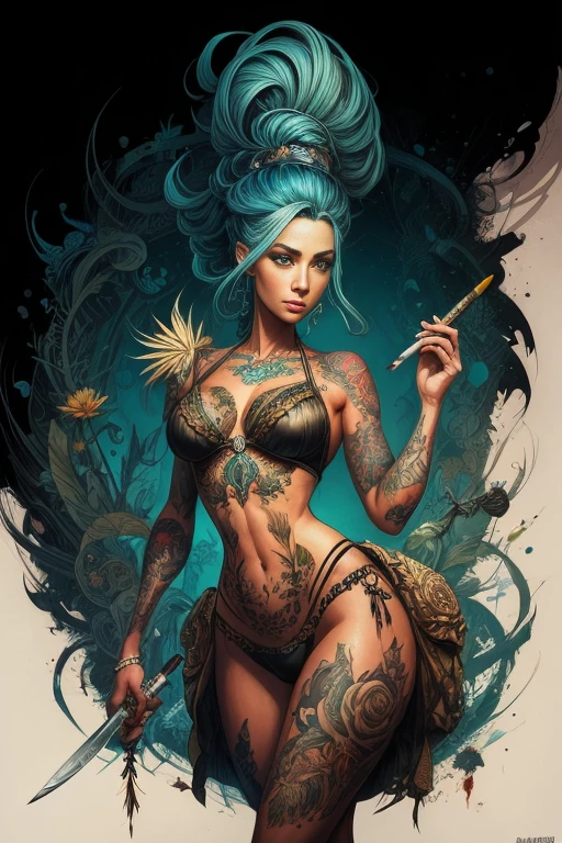 a drawing of a woman with a knife and a cigarette, painting by android jones, inked and colored, style of greg simkins, colored illustration for tattoo, dayer diego artwork, cartoon art, by Brian Fies, full color drawing, over detailed art, by Dave Arredondo, detailed art, lowbrow art style, cartoon art style, by Eddie Mendoza