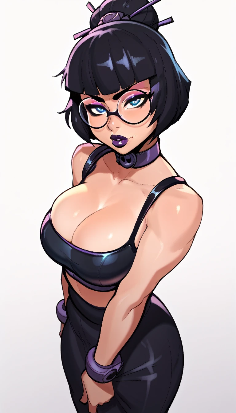 score_9, score_8_up, score_7_up, score_6_up, score_5_up, score_4_up, BREAK 1girl, black hair, bun hair, straight hair, short hair, blue eyes, thick lips, scowl, long eyelashes, half-closed eyes, black-framed eyewear, round eyewear, black bra, blunt bangs, adult, black eyeliner, purple lips, pink eyeshadow, looking at viewer, BREAK solo, standing, cleavage, large breast, adult, skinny, arched back, thigh gap, sexy outfit, BREAK (white background:1.2), simple background, dynamic pose, dynamic angle, angled shot,
