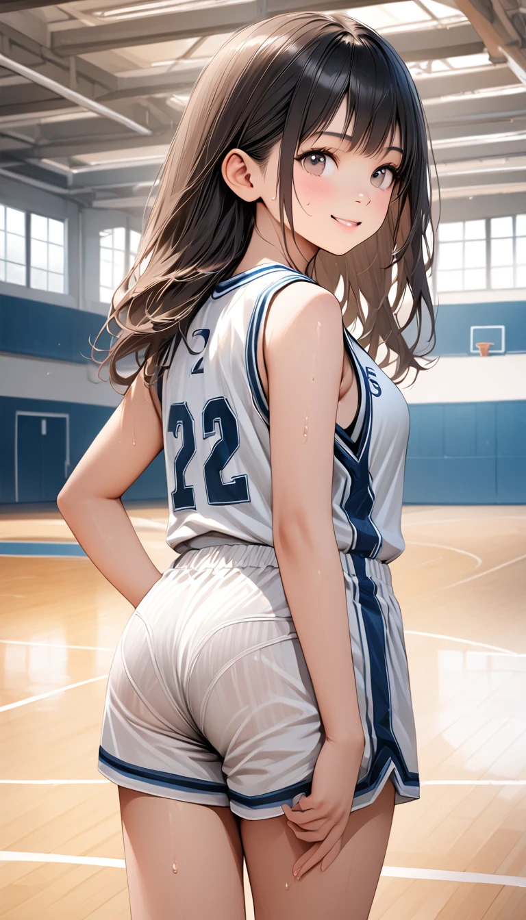 (masterpiece, 4K resolution, Super realistic, very detailed), 1girl,ars old,ild, hair,long hair,standing,medium breasts, white basketball uniform,white shorts,smile,gymnasium,basketball court,from behind,my moon beam,pantylines,sweat skin,