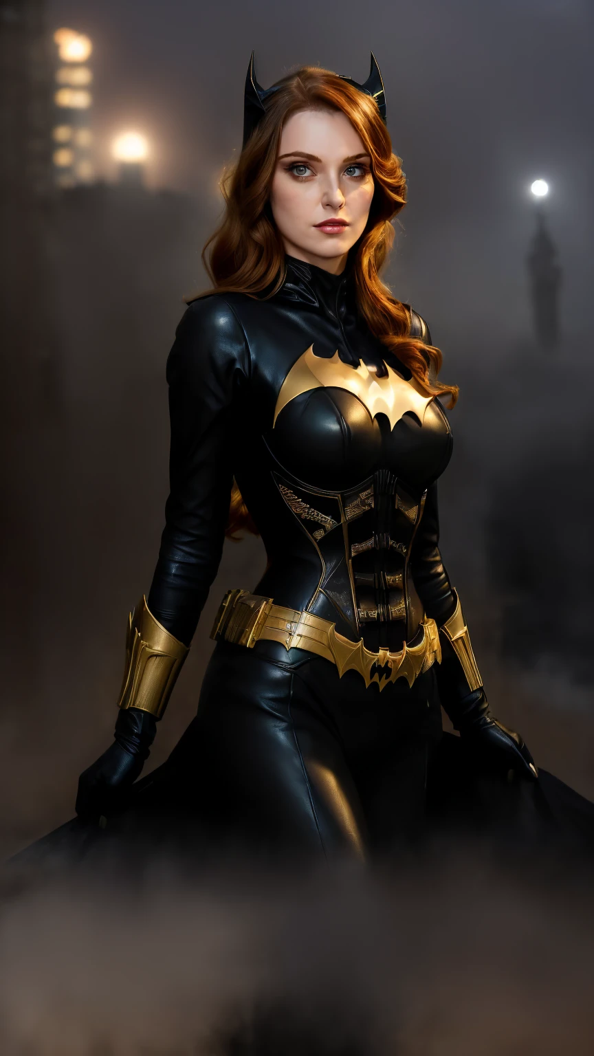 ( Highest quality masterpiece,16k:1.6),very precisely drawn, cinematic lighting, intricate composition, face focus, A beautiful woman in her 40s,batman cosplaying beautiful woman in black leather outfit posing on a ledge, amouranth as a super villain, batwoman, batgirl, inspired by Deborah Kerr, amouranth,batwoman by Deborah Kerr , better known as amouranth, beautiful batwoman, gotham city style,cinematic beauty, very tight corset, ((Gotham City at night, street corner background with skyscrapers shrouded in fog))
