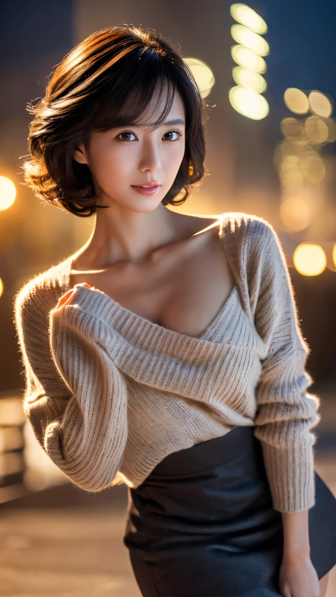 (masterpiece:1.3), (8k, photorealistic, RAW photo, best quality: 1.4), (1girl), beautiful face, (realistic face), (black hair, short hair:1.3), beautiful hairstyle, realistic eyes, beautiful detailed eyes, (realistic skin), beautiful skin, (sweater), absurdres, attractive, ultra high res, ultra realistic, highly detailed, golden ratio, black women, full body pose, big breast:1.3