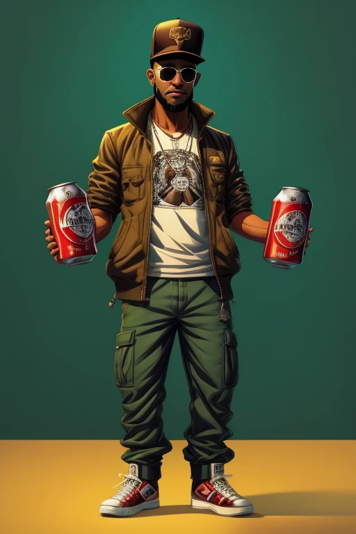 cartoon drawing of a man with a hat and sunglasses holding cans of beer, chav, ghetto, by Chafik Charobim, cartoon artstyle, mohamed chahin style, dayer diego artwork, chozo, cartoon art, charicature, by Choi Buk, comiс style, cartoon art style, tocchini, gta chinatowon art style