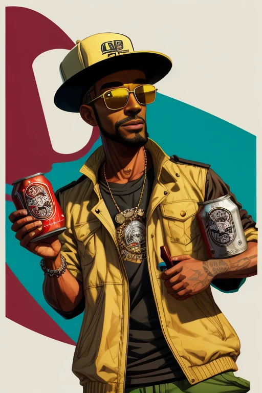 cartoon drawing of a man with a hat and sunglasses holding cans of beer, chav, ghetto, by Chafik Charobim, cartoon artstyle, mohamed chahin style, dayer diego artwork, chozo, cartoon art, charicature, by Choi Buk, comiс style, cartoon art style, tocchini, gta chinatowon art style