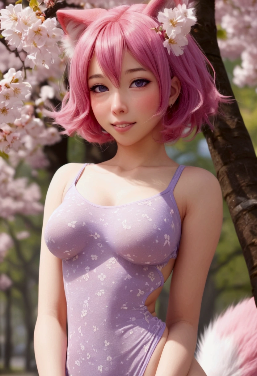 1cute yuna, realistic, (looking at viewer:1), (ulzzang-6500:0.66), thighs, bare legs, dappled sunlight, best quality, ultra high res, (photorealistic:1.4), YaeMiko, fox ears, short hair, pink hair, yae_sakura, jewelry, cherry blossoms, (smile:1), bare_shoulders, hair_ornament, purple_eyes, , detached_sleeves, , detailed eyes,, (light smile:1), , (small breasts:1.4), , (bare upper body:1.4), , (puffy nipples:1),, arms behind back,
