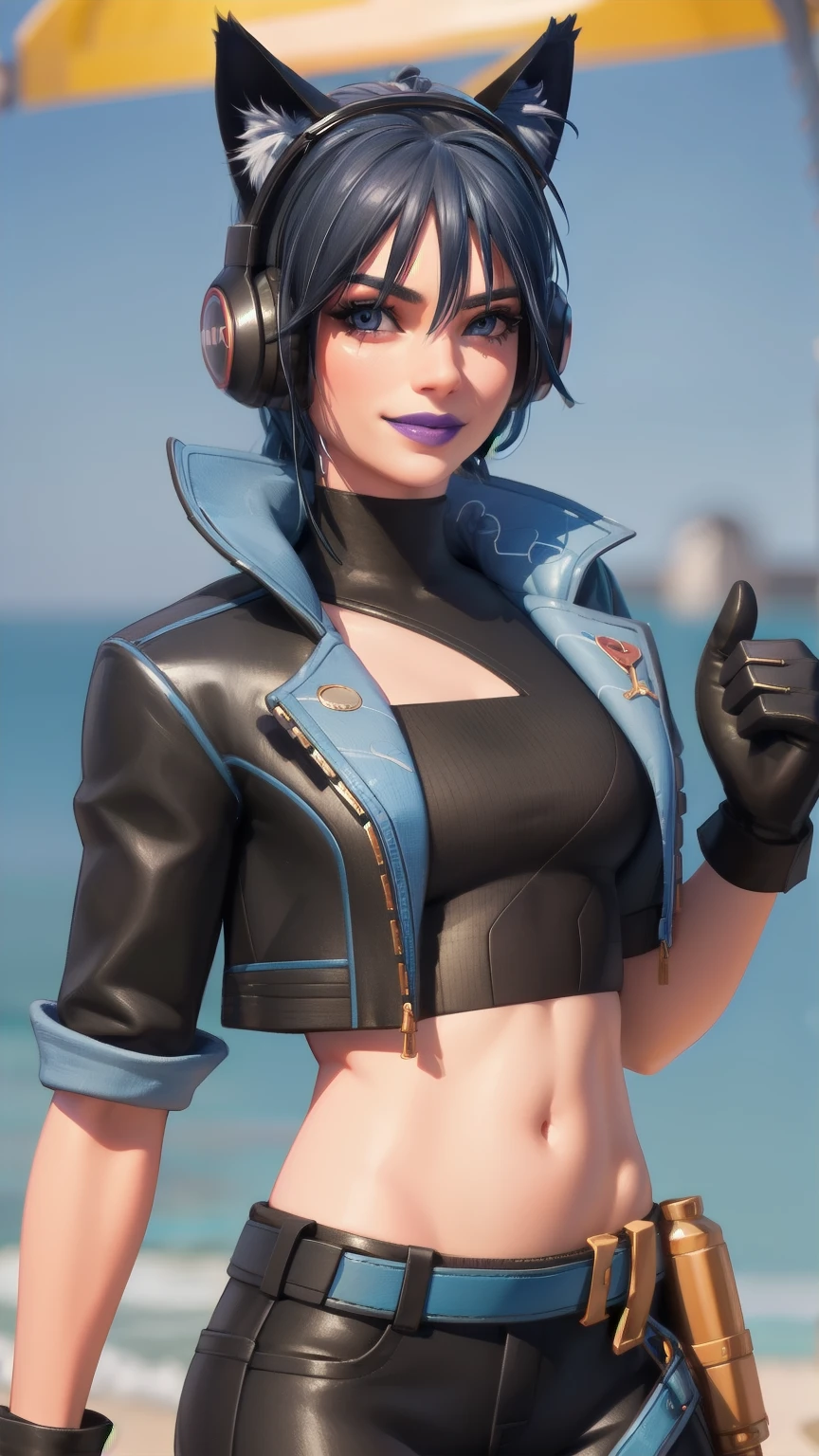 Beach background, Realistic, HeroicHopeFN, 1girl,blue hair,blue eyes, eyeshadow,upper body,(speed lines:1.1),medium breasts, love, heart, gold hearts, black jacket, jacket crop top, cat ears headphones, fake cat ears,black crop top, black pants, blue belt, gloves, short sleeve, holster, holster spray cans, navel, purple lips, lipsticks, happy, looking at viewer, facing viewer, winked at the veiwer, smile