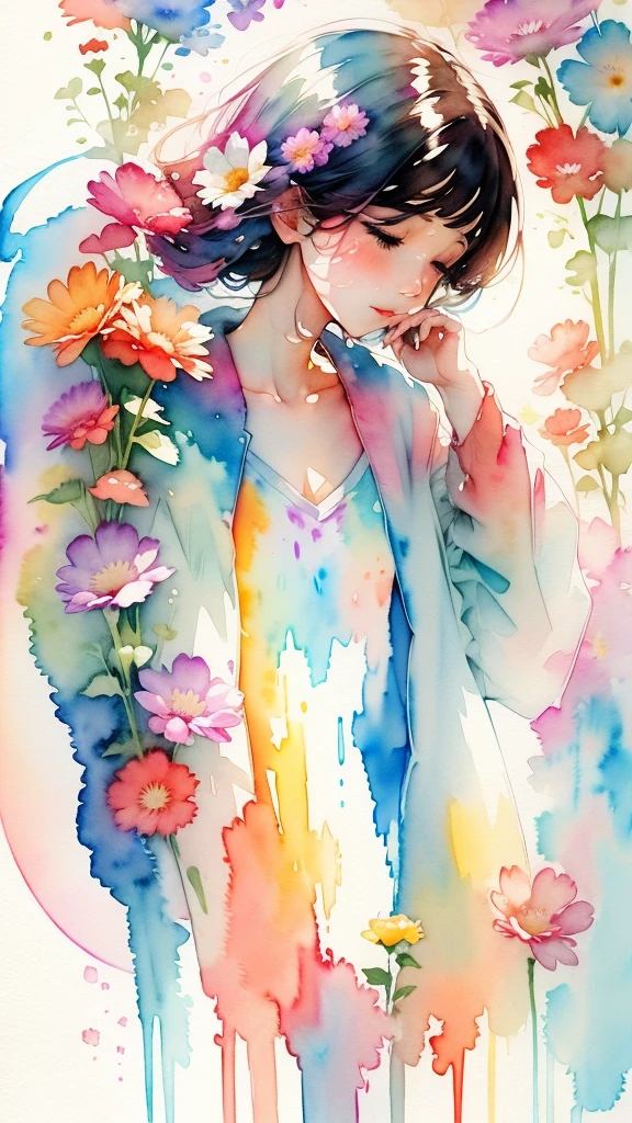 watercolor art, (watercolor painting: In this ethereal scenery, colorful flowers), Dreams and reality are intertwined. The air is filled with the intoxicating fragrance of flowers, Exquisite perfume symphony. Flowers seem to release the soul, Their essence blends with the fragrant breeze that caresses the skin.