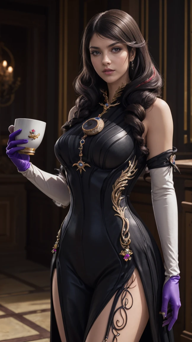 (Artwork, Best Quality:1.2), Details Complexity, Bayonetta 3, 1 girl, Long Hair, cup, compensate, Twin Blade, lipstick, jewelry, Elbow Gloves, (Mature Woman:1.2)