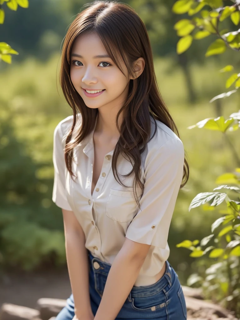 1 woman, Dreaming Background, (Highly detailed body, very detailed face, top quality:1.4), (25 year old woman), looking at viewer, A smile with visible teeth, I can't see her hands, (very long layered hair:1.2), (Her thighs are very beautiful:1.3), (8 thousand:1.5), (Lovely men's Y shirt:1.3), (skin glow:1.3), (huge breasts:1.3), The Most Beautiful Women in Korea, beautiful bridge, panties,