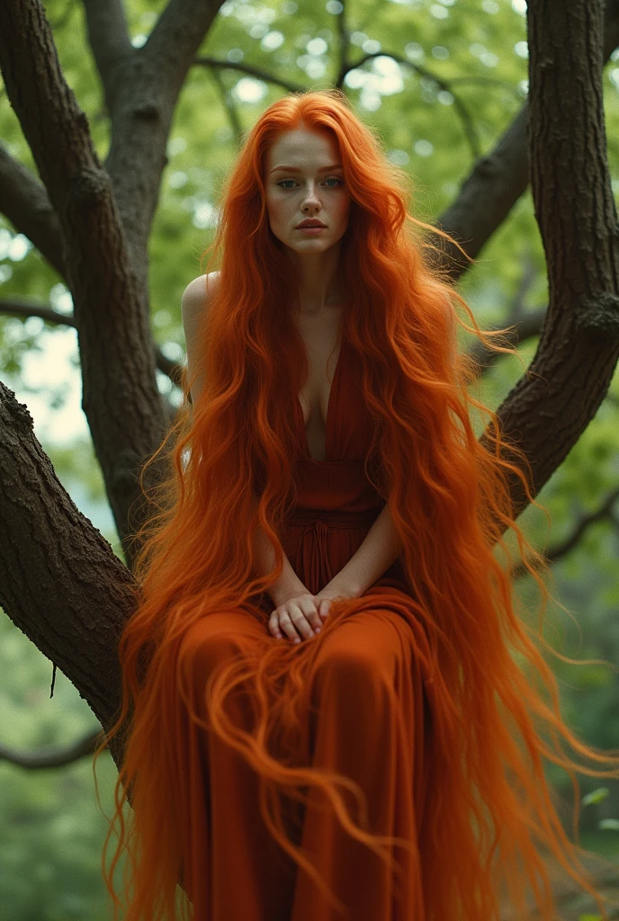 Woman with long red hair sitting in a tree, red waist-long hair - SeaArt AI