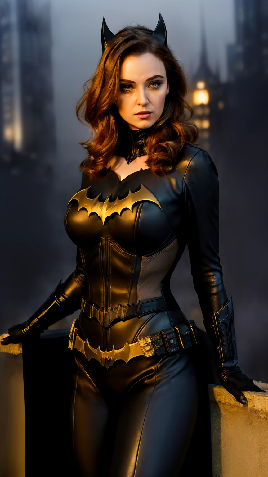 ( Highest quality masterpiece,16k:1.6),very precisely drawn, cinematic lighting, intricate composition, face focus, A beautiful woman in her 40s,Light brown short cut hair,batman cosplaying beautiful woman in black leather outfit posing on a ledge, batwoman, batgirl, inspired by Deborah Kerr, amouranth,batwoman by Deborah Kerr , better known as amouranth, beautiful batwoman, gotham city style,cinematic beauty, very tight corset, ((Gotham City at night, street corner background with skyscrapers shrouded in fog))
