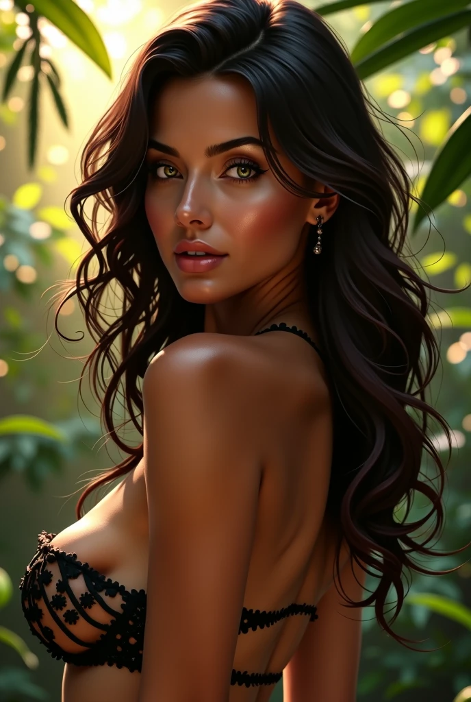 a beautiful woman with long black hair relaxing in a hot spring in the middle of a wild jungle, her naked body partially obscured by the steam, an erotic and lascivious scene,(best quality,4k,8k,highres,masterpiece:1.2),ultra-detailed,(realistic,photorealistic,photo-realistic:1.37),oil painting,extremely detailed face and body,sensual,erotic,extremely detailed eyes and lips,detailed water vapor,detailed jungle foliage,detailed water splashing,dramatic lighting,muted color palette,chiaroscuro lighting