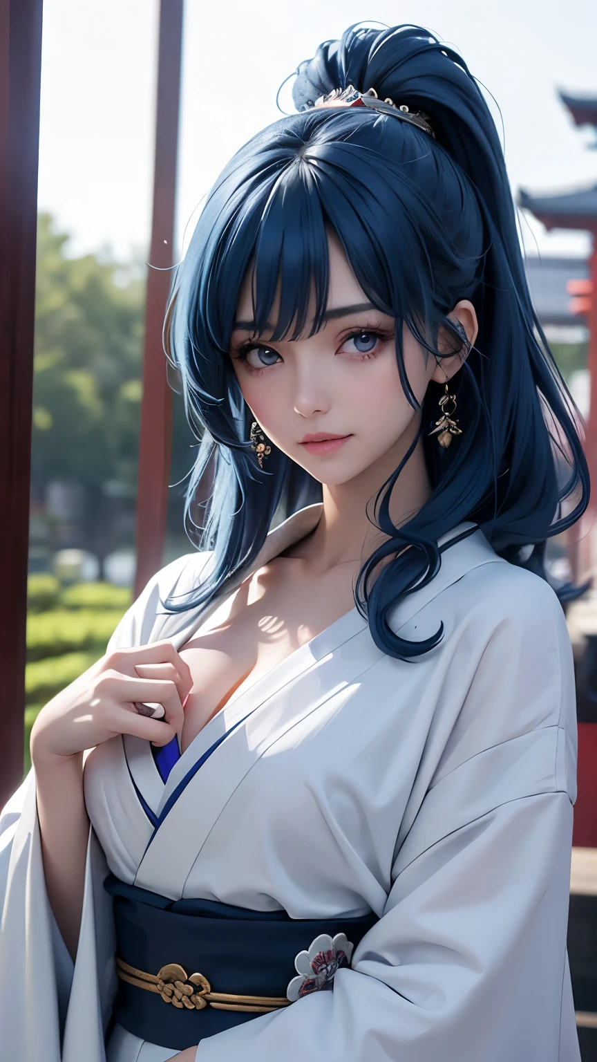 (masterpiece, Best Quality), Intricate details, thin, ((slim)), beautiful girl, Blue Hair, White skin, Light purple eyes, Sharp jawline, Cropped jacket, Messy Hair, lips, Upper Body, close, Grin, medieval japanese woman, a beautiful girl with long blue hair, bright blue hair, curly hair, cute, kimono, Medieval Kamakura, temple, outdoor, japan, Japan, nepal,