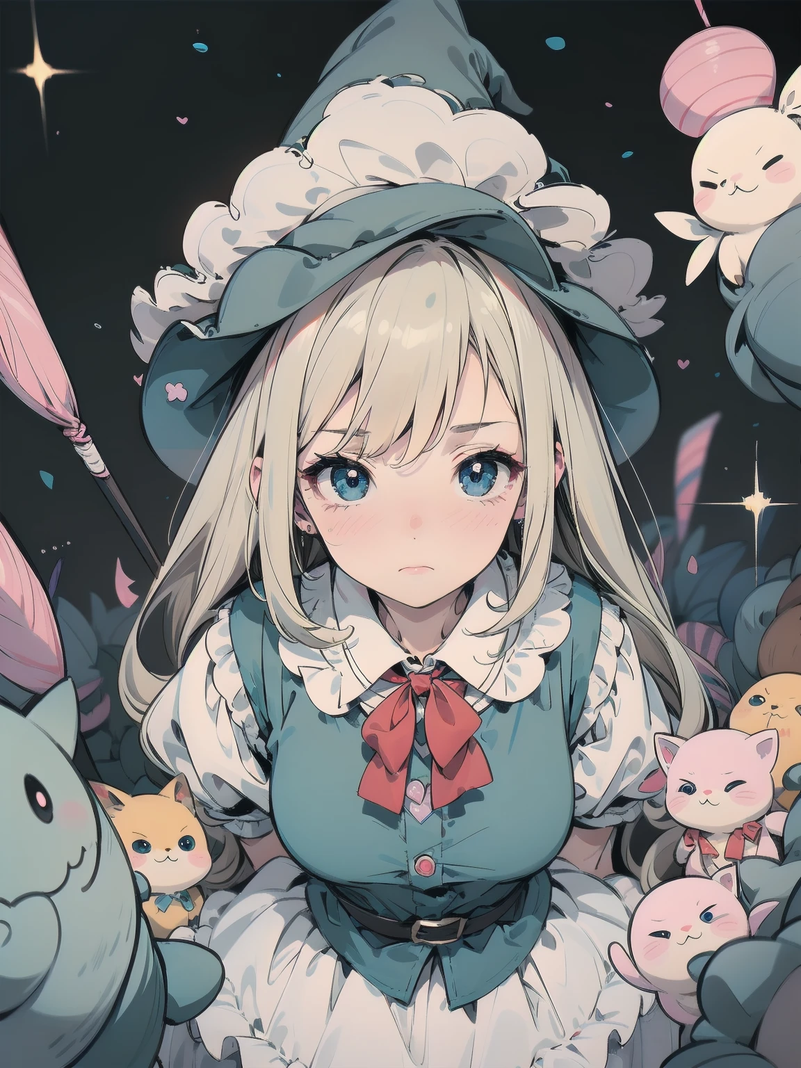 🎶, (🧙‍♀️), ✡, ✨(hat), , Alice in Wonderland, Alone, very beautiful, cute, adorable, embarrassed, alone, blue eyes, look at viewer, looking up, kawaii tech, pastel colors, kawaii, cute colors, Alice in Wonderland, alone, very beautiful, cute, adorable, embarrassed, alone, blue eyes