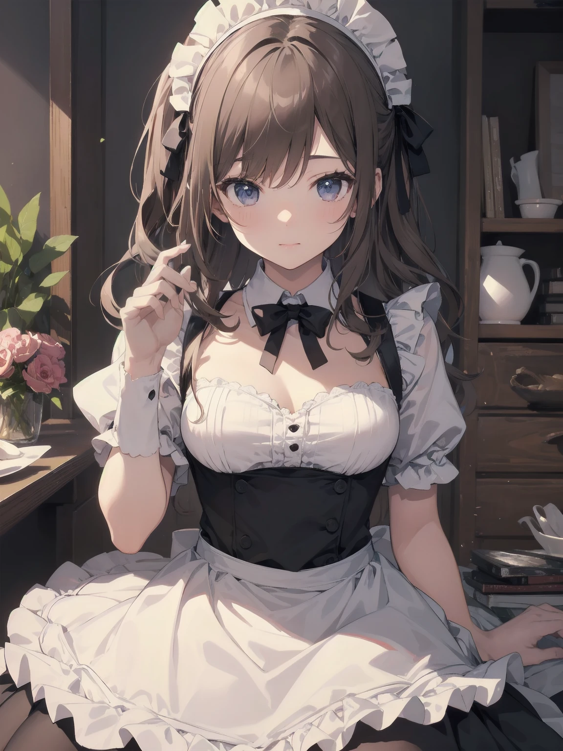 satono diamond,umamusume、I can see the whole body,Looking down from above at a girl in a maid outfit with a low neckline,white panty shot,short,((small bust)),sitting on the bed,(highest quality、4k、8k、high resolution、masterpiece:1.2)、Super detailed、(photorealistic:1.37)、Portrait、sharp focus、feminine、delicate、white skin、subtle curves、gentle expression、soft lighting、Bright colors、artistic atmosphere,