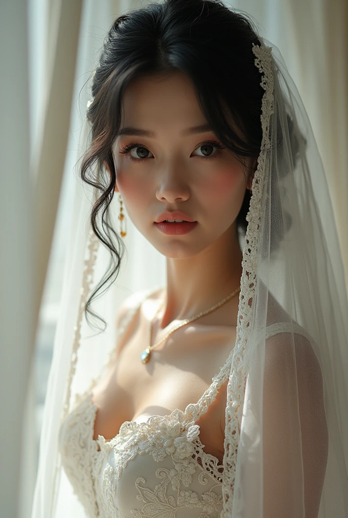 Side view, (girl), (Bridal jewelry for Hanfu Cheongsam Kwa Phoenix), (strapless), (veil), (cosplay photo), ((cleavage)), froslass, highes, French braid, heterochromia, ((big breasts)), (big breasts)), (mole), (looking at the viewer seductively and dreamily)